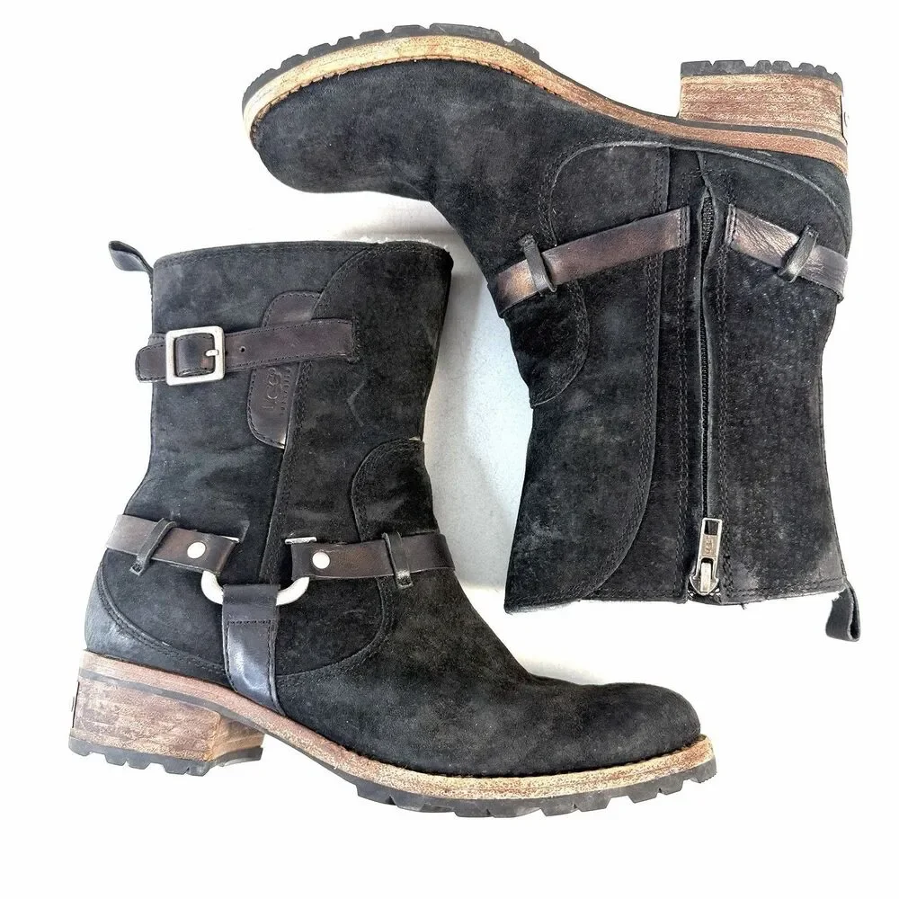 UGG Australia ENDELL Black Waterproof Suede Logo Biker Boots US 8 5604